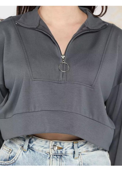 Esnek Kumaş Fermuar Detaylı Kadın Crop Top Sweatshirt