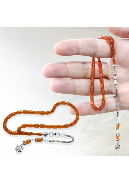 Ateş Kehribar Tesbih - 925 Ayar Gümüş Püsküllü - Mini Boy - Gün Batımı - Kapsül Kesim fiyatları