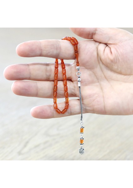 Ateş Kehribar Tesbih - 925 Ayar Gümüş Püsküllü - Mini Boy - Gün Batımı - Kapsül Kesim modelleri