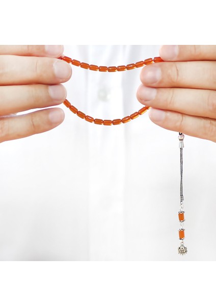 Ateş Kehribar Tesbih - 925 Ayar Gümüş Püsküllü - Mini Boy - Gün Batımı - Kapsül Kesim fırsatları