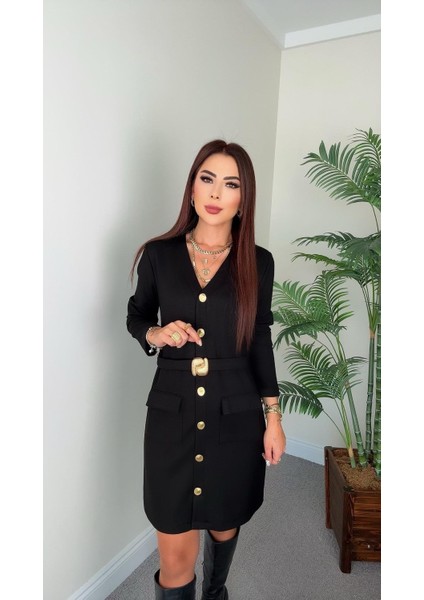 Buketli Kadın Sabit Kemerli Iri Sarı Düğme ve Cep Detaylı V Yaka Uzun Kollu Kısa Elbise