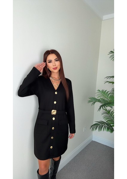 Buketli Kadın Sabit Kemerli Iri Sarı Düğme ve Cep Detaylı V Yaka Uzun Kollu Kısa Elbise fiyatları