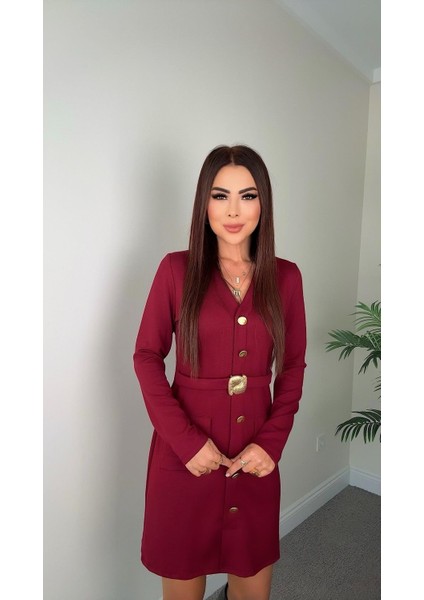 Buketli Kadın Sabit Kemerli Iri Sarı Düğme ve Cep Detaylı V Yaka Uzun Kollu Kısa Elbise