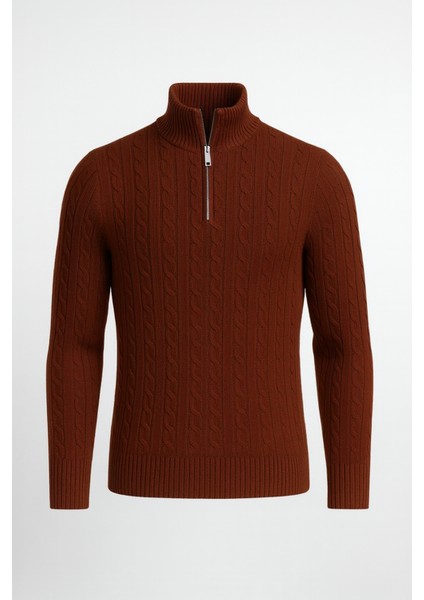 Bardem Saç Örgülü Yarım Fermuar Erkek Triko Kazak - Kahve