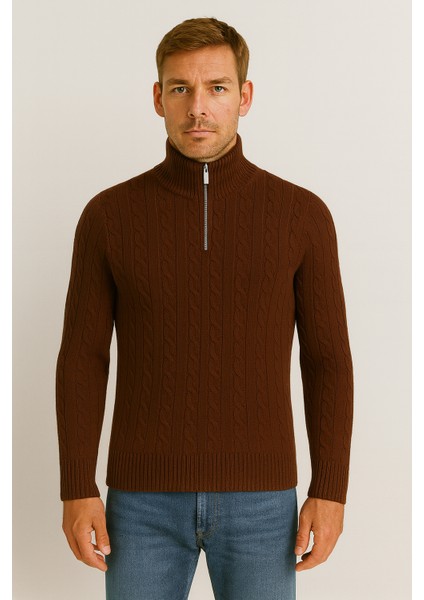 Bardem Saç Örgülü Yarım Fermuar Erkek Triko Kazak - Kahve fiyatları