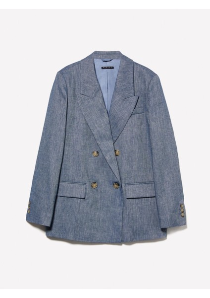 Keten Karışımlı Kruvaze Comfort Fit Blazer Ceket Kadın Mavi Ceket - 325P2MNULW02Y fırsatları