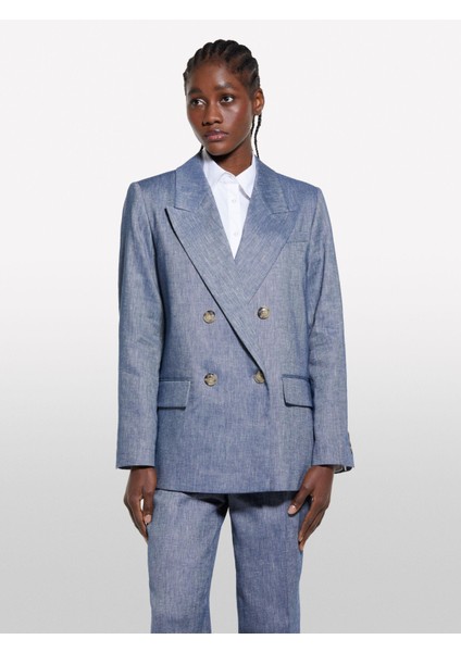 Keten Karışımlı Kruvaze Comfort Fit Blazer Ceket Kadın Mavi Ceket - 325P2MNULW02Y indirimleri