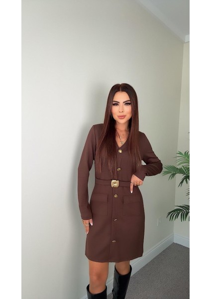 Buketli Kadın Sabit Kemerli Iri Sarı Düğme ve Cep Detaylı V Yaka Uzun Kollu Kısa Elbise indirimleri