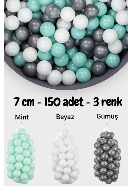 7 cm Top Havuzu Topu 150 Adet Mint, Beyaz, Gümüş