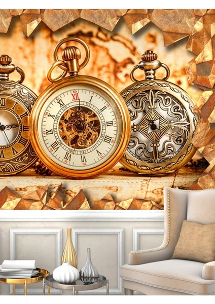Vintage Saat Desenli Isı ve Ses Yalıtımlı Sağlıklı Tekstil Duvar Kağıdı