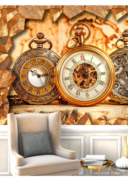 Vintage Saat Desenli Isı ve Ses Yalıtımlı Sağlıklı Tekstil Duvar Kağıdı fiyatları