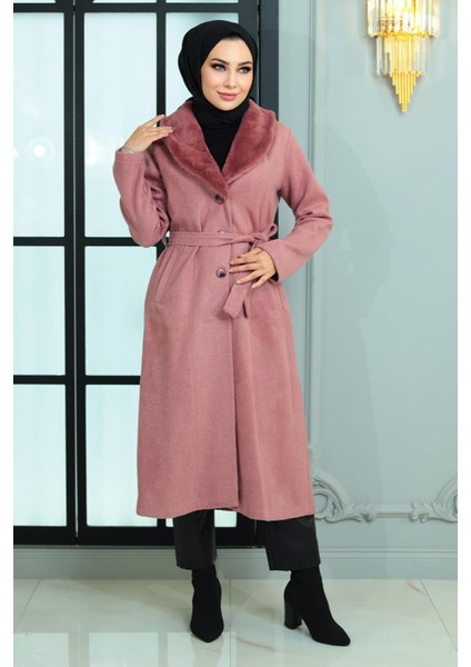 Geniş Kürk Yakalı Kaşe Kaban Gül Kurusu 19174