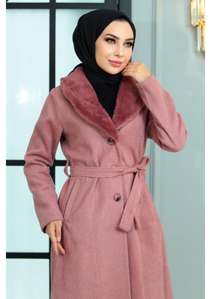 Geniş Kürk Yakalı Kaşe Kaban Gül Kurusu 19174 fiyatları