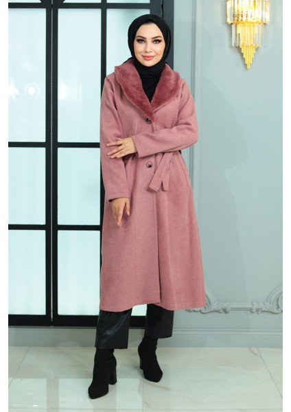 Geniş Kürk Yakalı Kaşe Kaban Gül Kurusu 19174 modelleri