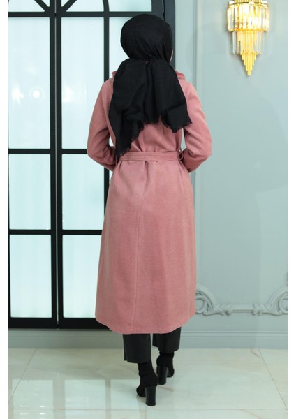 Geniş Kürk Yakalı Kaşe Kaban Gül Kurusu 19174 fırsatları