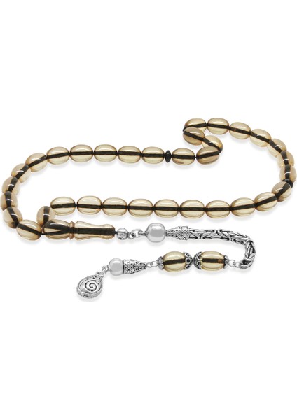 925 Ayar Gümüş Kral Zincir Püsküllü Arpa Kesim Şeffaf Ateş Kehribar Tesbih