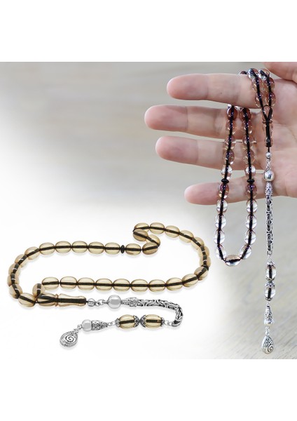 925 Ayar Gümüş Kral Zincir Püsküllü Arpa Kesim Şeffaf Ateş Kehribar Tesbih fiyatları