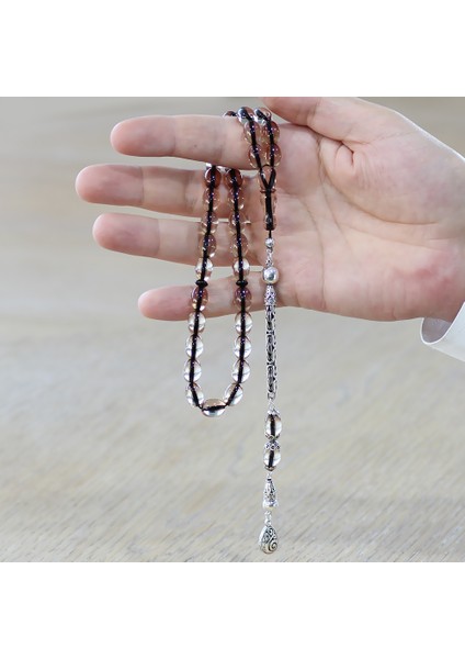 925 Ayar Gümüş Kral Zincir Püsküllü Arpa Kesim Şeffaf Ateş Kehribar Tesbih modelleri