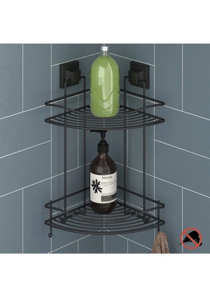 Banyo Köşe Rafı Kendinden Yapışkanlı 2 Katlı Kancalı Easyfix Siyah