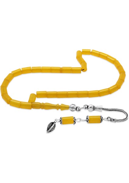 925 Ayar Gümüş Püsküllü Kesme Kesim Mini Boy Sarı Ateş Kehribar Tesbih