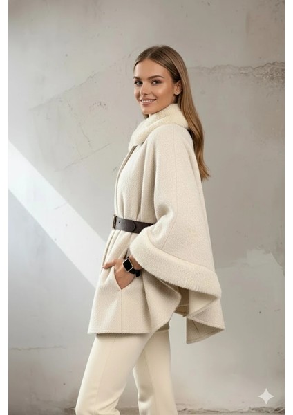 Kadın Kürk Yaka Manşet Detaylı Panço Kaban Kemerli Pelerin Ceket Kaşe