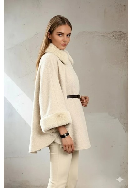 Kadın Kürk Yaka Manşet Detaylı Panço Kaban Kemerli Pelerin Ceket Kaşe fiyatları