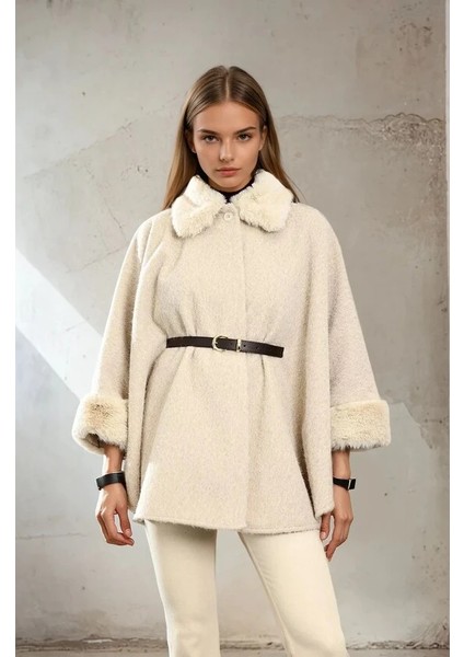 Kadın Kürk Yaka Manşet Detaylı Panço Kaban Kemerli Pelerin Ceket Kaşe modelleri