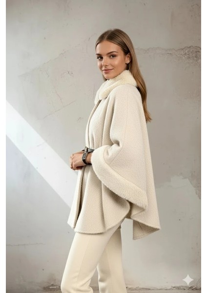 Kadın Kürk Yaka Manşet Detaylı Panço Kaban Kemerli Pelerin Ceket Kaşe fırsatları