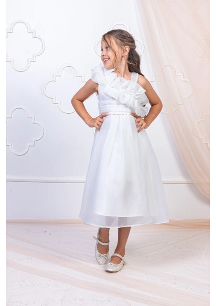 Kız Çocuk Tek Omuz Fırfır Detaylı Abiye Elbise
