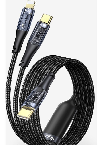 K674 2in1 Şeffaf 130CM 60W Tip-C → (Tip-C + Lightning) Data Kablosu