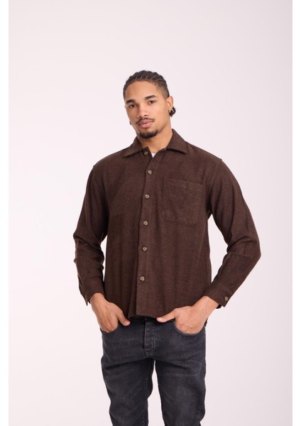 Frankel Kaşe Kumaş Tek Cepli Relaxed Fit Erkek Gömlek - Kahve fırsatları
