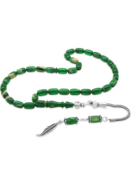 925 Ayar Gümüş Püsküllü Kapsül Kesim Mini Boy Yeşil Beyaz Ateş Kehribar Tesbih