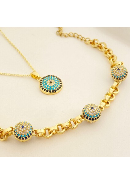 Nazar Boncuklu Kuyumcu Model Bileklik Kolye Seti Kararmaz Xuping Bileklik 14 Ayar Gold
