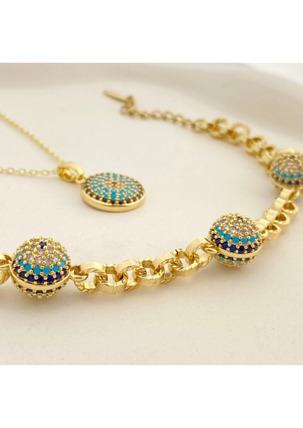 Nazar Boncuklu Kuyumcu Model Bileklik Kolye Seti Kararmaz Xuping Bileklik 14 Ayar Gold fiyatları