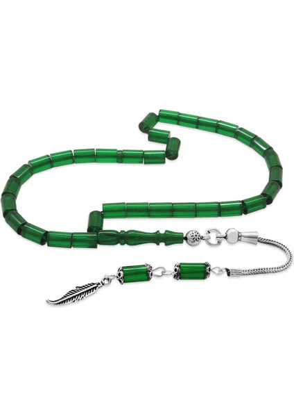925 Ayar Gümüş Püsküllü Kesme Kesim Mini Boy Yeşil Ateş Kehribar Tesbih