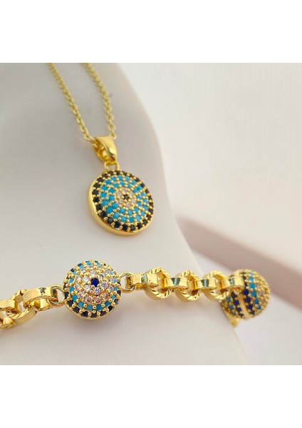Nazar Boncuklu Kuyumcu Model Bileklik Kolye Seti Kararmaz Xuping Bileklik 14 Ayar Gold