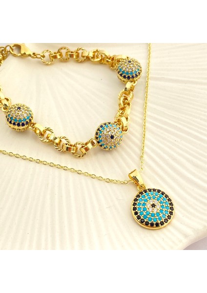 Nazar Boncuklu Kuyumcu Model Bileklik Kolye Seti Kararmaz Xuping Bileklik 14 Ayar Gold
