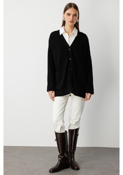 Ekstra Oversize Düşük Kol Basic Siyah Ince Triko Hırka