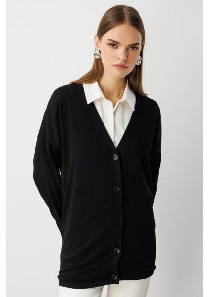 Ekstra Oversize Düşük Kol Basic Siyah Ince Triko Hırka fırsatları