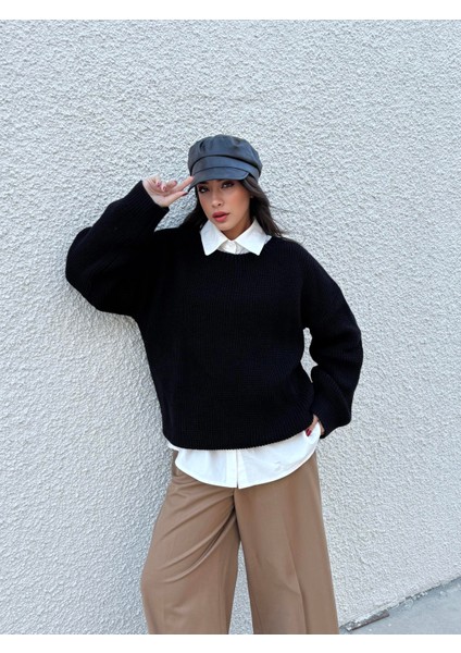 Kadın Siyah Oversize Selanik Örgü Triko Kazak 30057