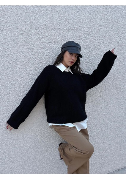 Kadın Siyah Oversize Selanik Örgü Triko Kazak 30057 fiyatları