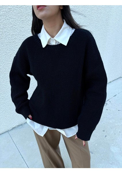 Kadın Siyah Oversize Selanik Örgü Triko Kazak 30057 modelleri