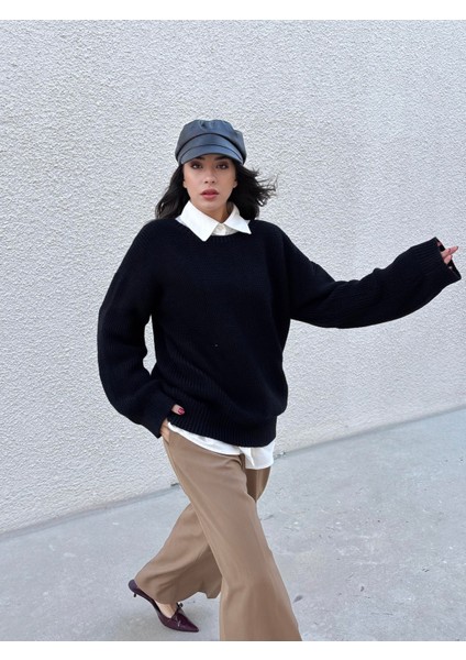 Kadın Siyah Oversize Selanik Örgü Triko Kazak 30057 indirimleri