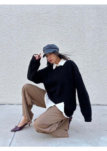 Kadın Siyah Oversize Selanik Örgü Triko Kazak 30057