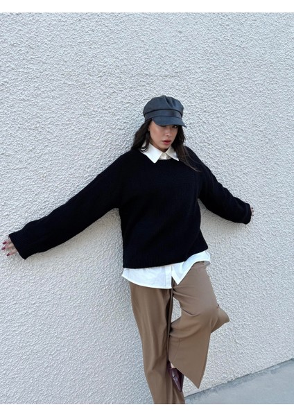 Kadın Siyah Oversize Selanik Örgü Triko Kazak 30057