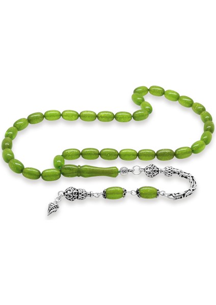 925 Ayar Gümüş Kral Zincir Püsküllü Özel Kesim Sedefli Yeşil Ateş Kehribar Tesbih