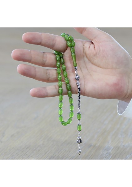 925 Ayar Gümüş Kral Zincir Püsküllü Özel Kesim Sedefli Yeşil Ateş Kehribar Tesbih modelleri