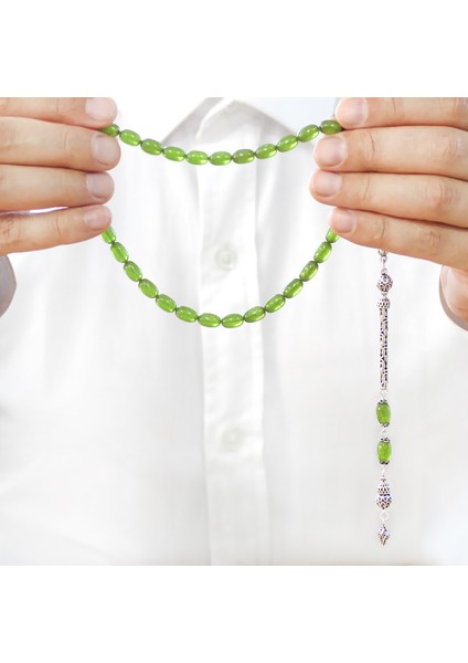 925 Ayar Gümüş Kral Zincir Püsküllü Özel Kesim Sedefli Yeşil Ateş Kehribar Tesbih fırsatları