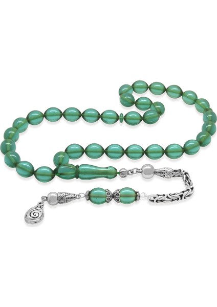 925 Ayar Gümüş Kral Zincir Püsküllü Arpa Kesim Şeffaf Turkuaz Ateş Kehribar Tesbih