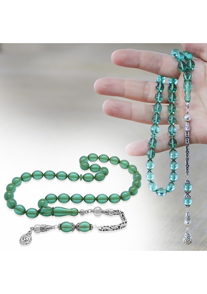 925 Ayar Gümüş Kral Zincir Püsküllü Arpa Kesim Şeffaf Turkuaz Ateş Kehribar Tesbih fiyatları